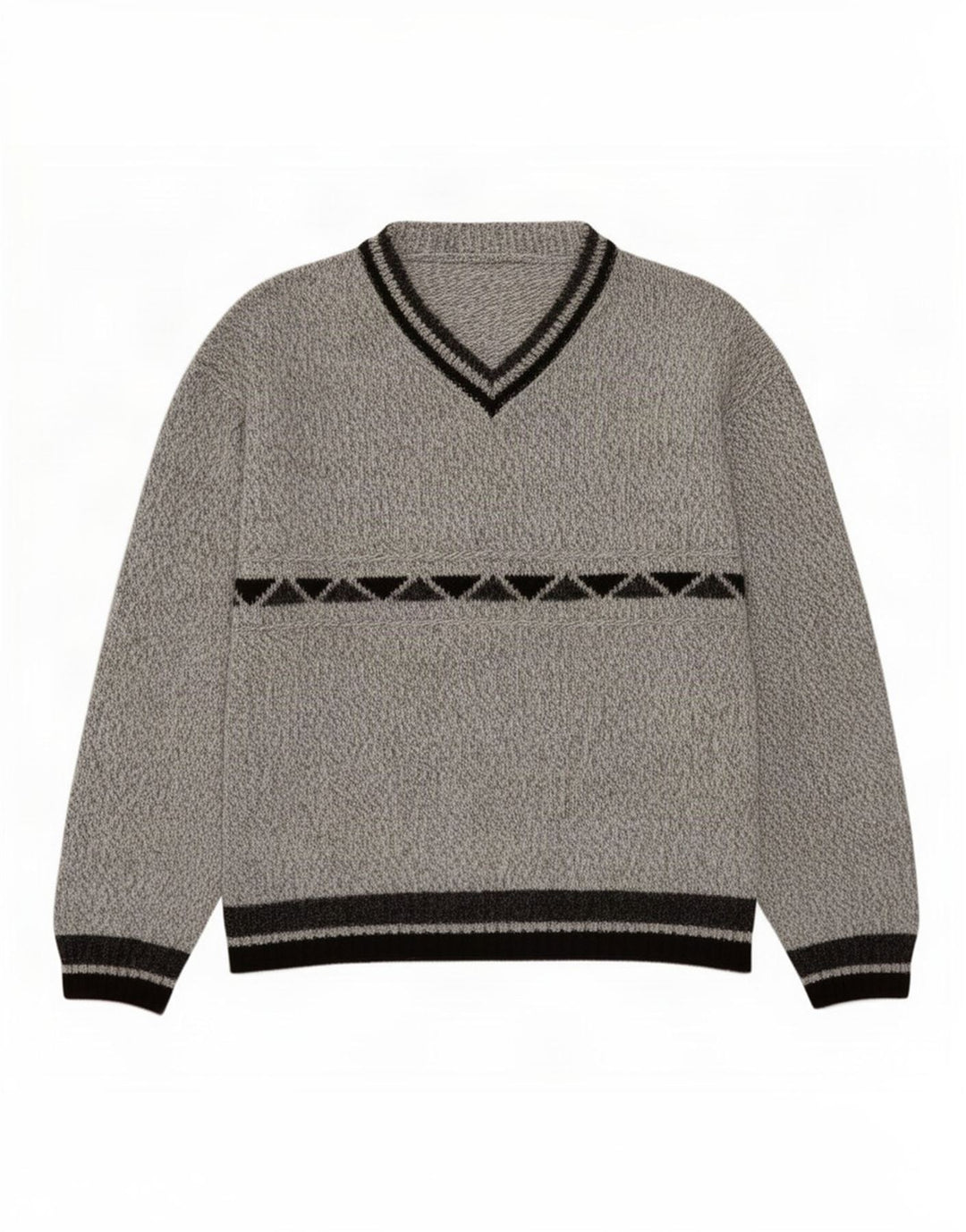 Vintage herre V-hals sweater mellemgrå geometrisk akryl