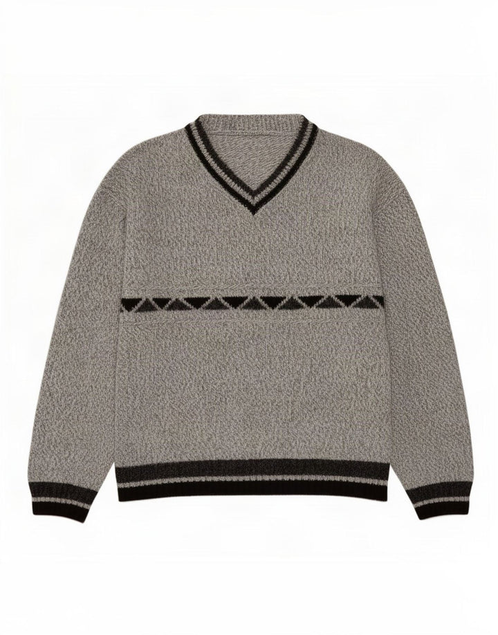 Vintage herre V-hals sweater mellemgrå geometrisk akryl