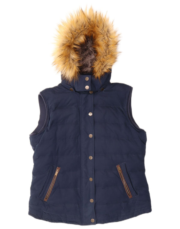 Fat Face Dame Hætte Polstret Gilet UK 14 Large Navy Blue Polyester