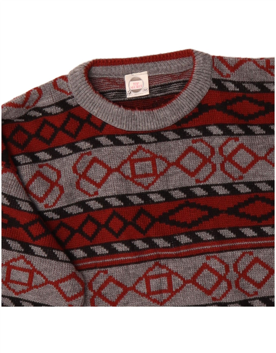 VINTAGE Herre rund hals sweater mellemgrå geometrisk akryl