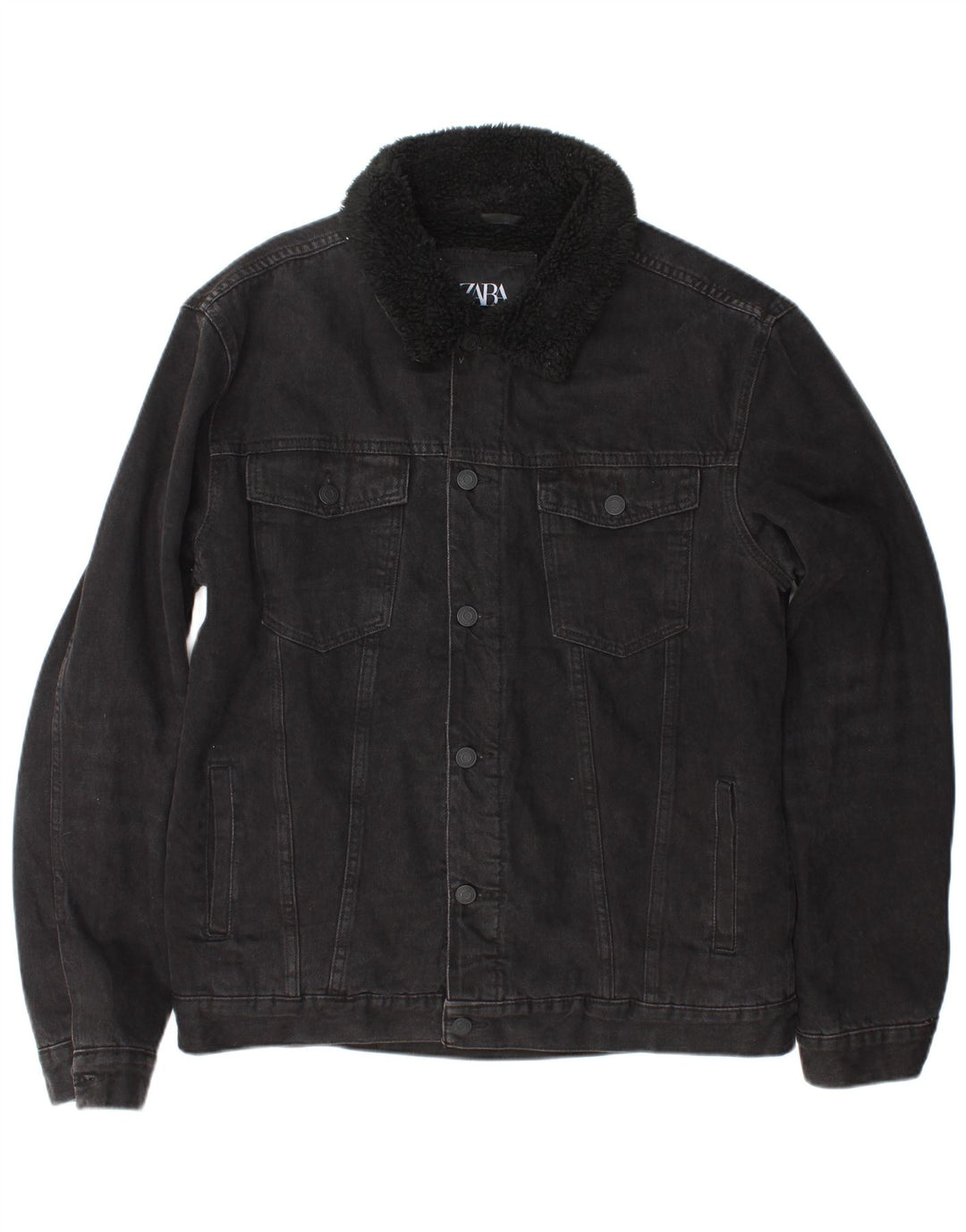 Zara Herre Denim Sherpa Jacket UK 40 Large Black Polyester