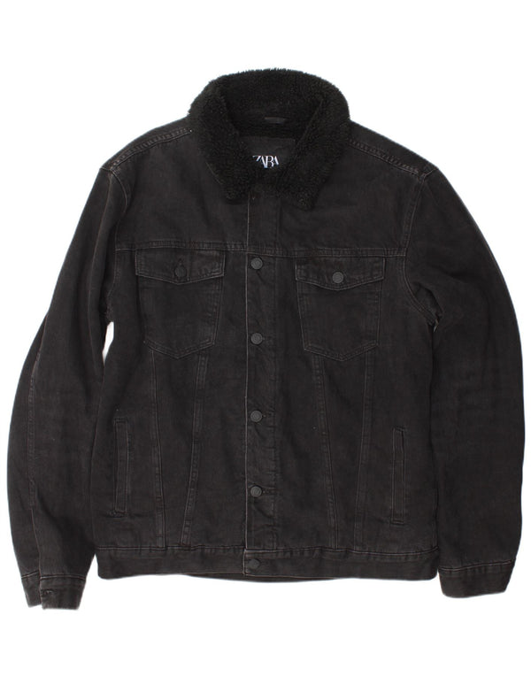 Zara Herre Denim Sherpa Jacket UK 40 Large Black Polyester