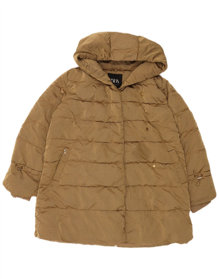 Zara Dame Hætte Oversized Polstret Jakke UK 14 Medium Khaki Polyamid
