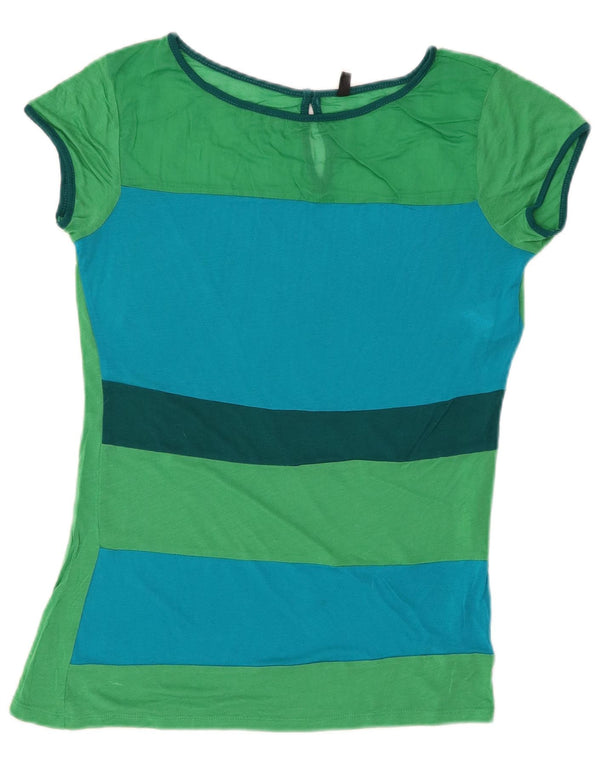 BENETTON T-shirt top til kvinder UK 12 Medium Grøn Colourblock Lyocell