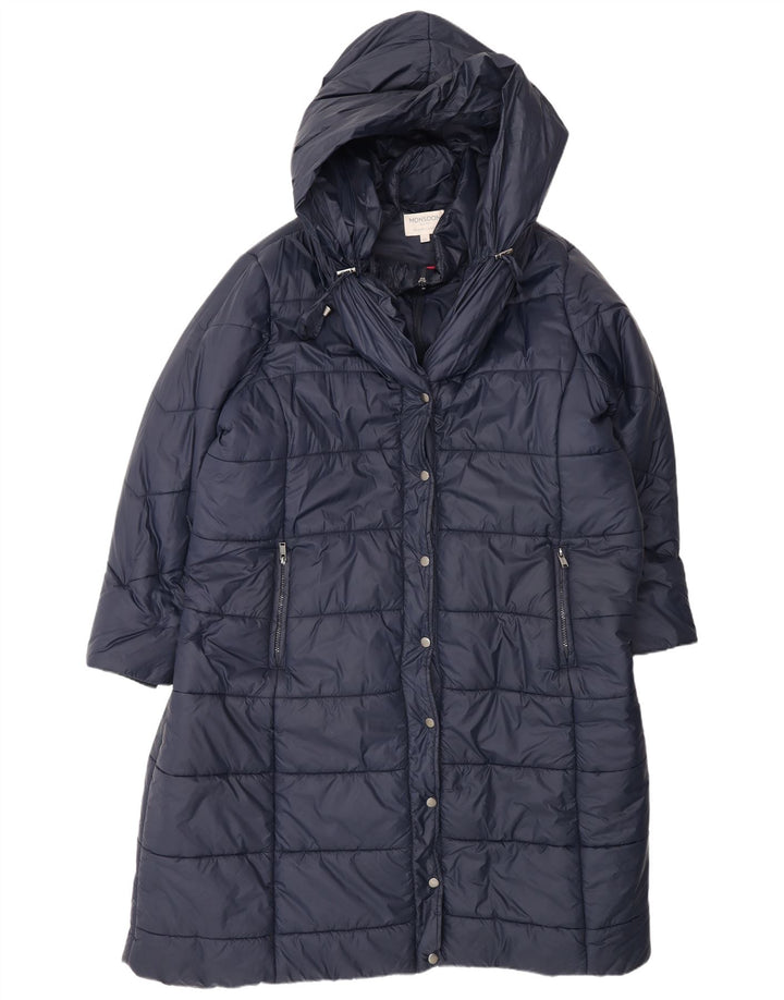 Monsoon Dame Hætte Oversized Polstret Frakke UK 22 2XL Navy Blue Polyester