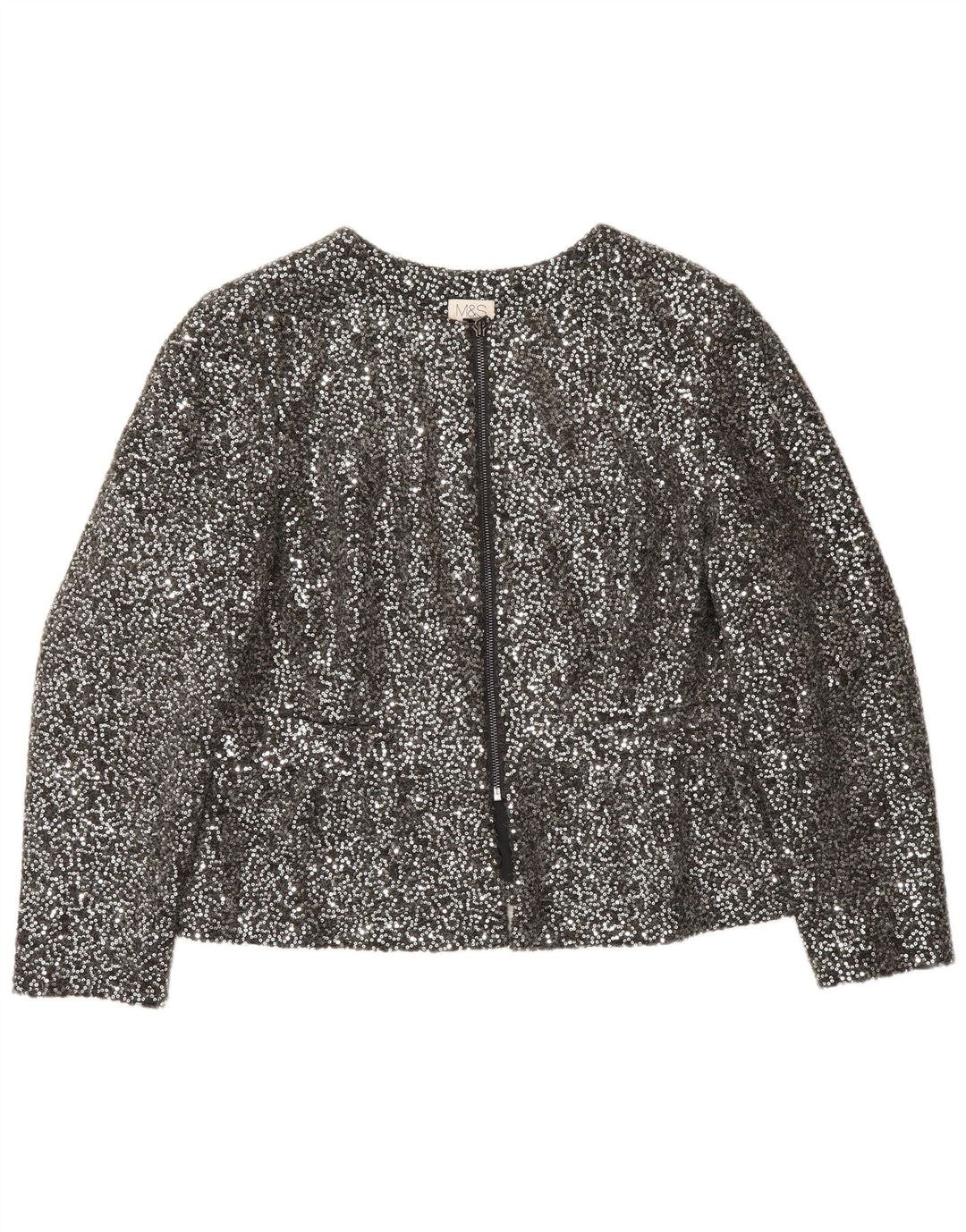 Marks & Spencer Dame Blazerjakke med fuld lynlås med pailletter UK 14 Medium Sølv