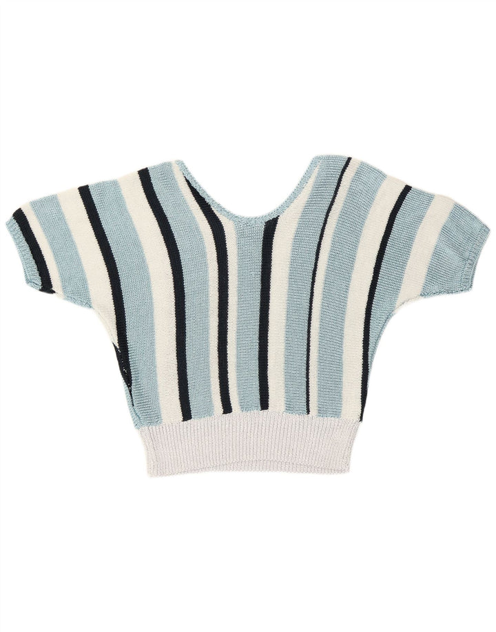 Vintage Dame V-hals sweater UK 12 Medium Blå Stribet Retro