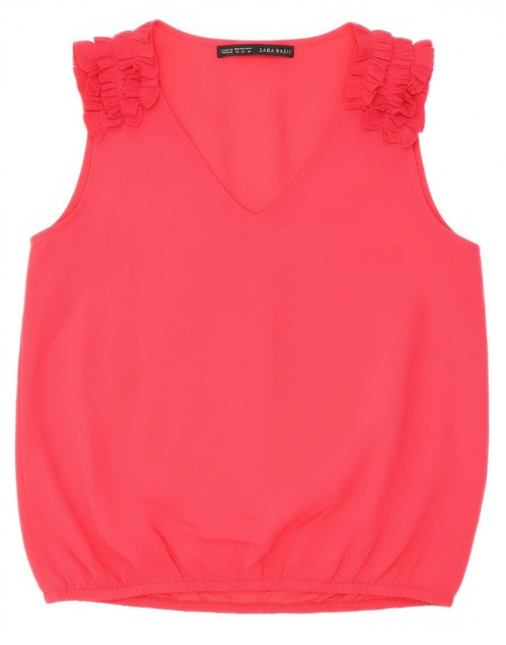 Zara Womens Flæse foran ærmeløs bluse Top UK 14 Medium Rød