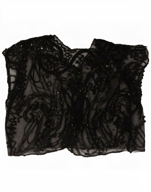 Vintage Womens Crop Ærmeløs Se Through Top UK 8 Small Black Paisley
