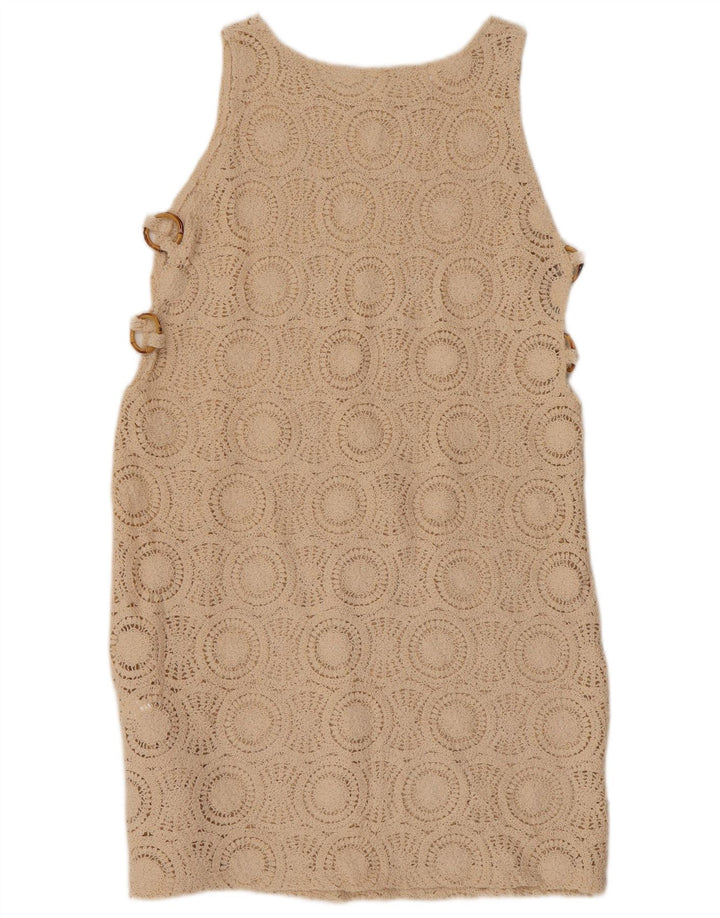 VINTAGE hæklet ærmeløs skiftkjole til kvinder UK 10 Lille beige bomuld