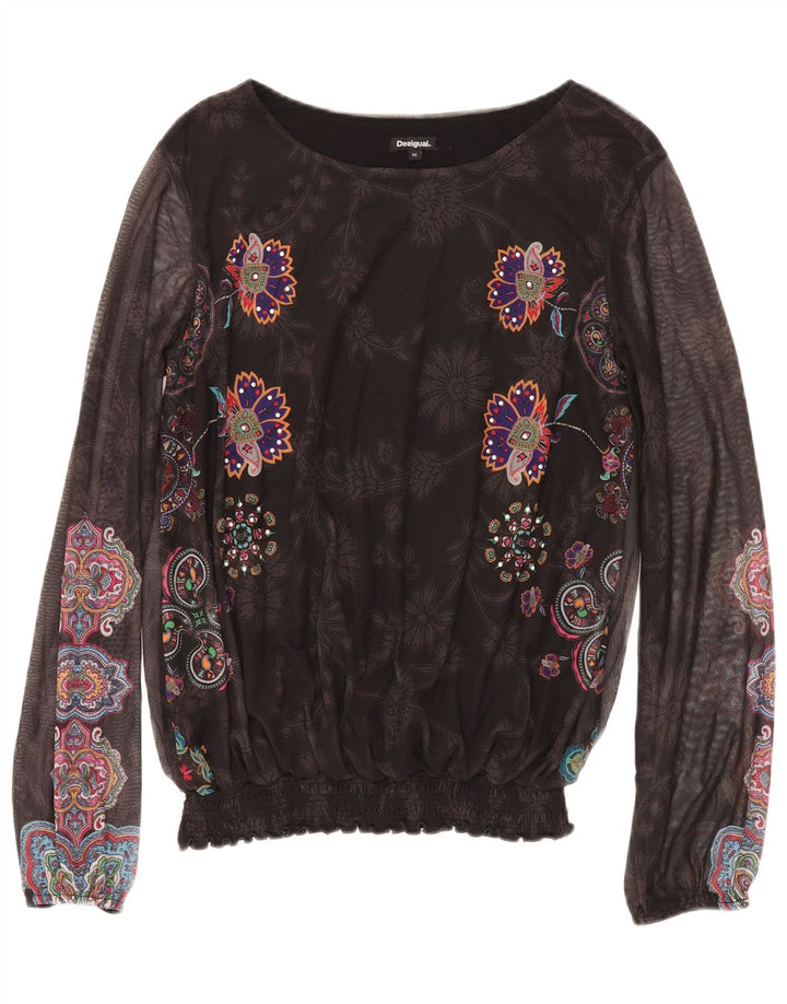 DESIGUAL Dame Langærmet Bluse Top UK 12 Medium Black Floral
