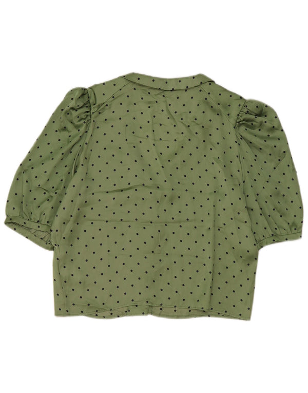 Zara Womens Crop kortærmet skjortebluse UK 14 Medium Green Polka Dot