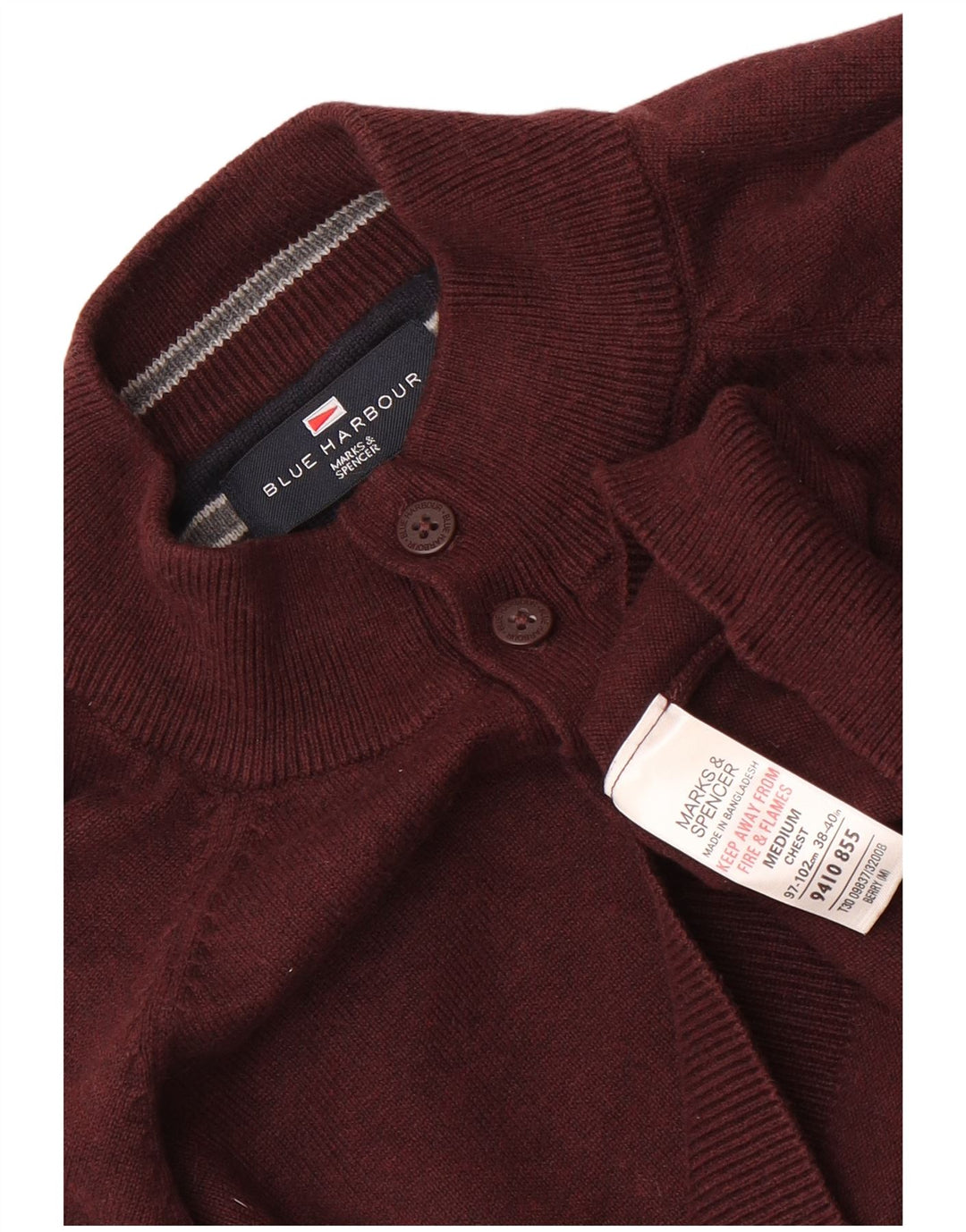 Marks & Spencer Herre Blue Harbor Button Neck Jumper Sweater Medium Maroon