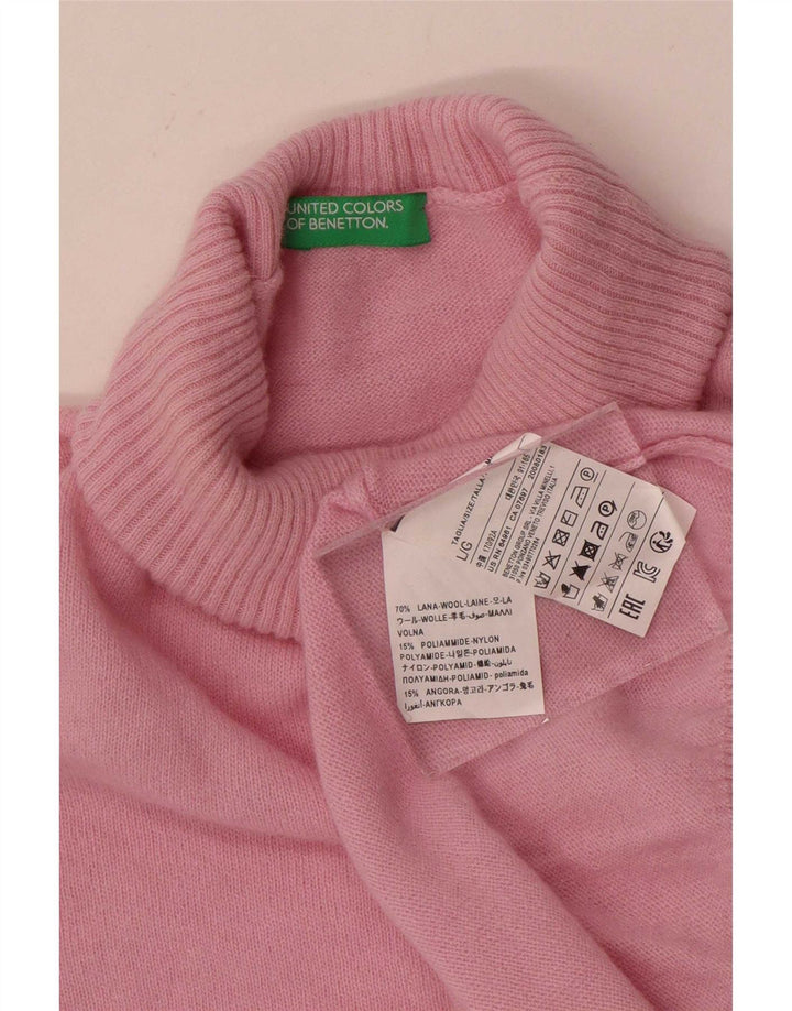 Benetton Dame Roll Neck Jumper Sweater UK 16 Large Pink Wool