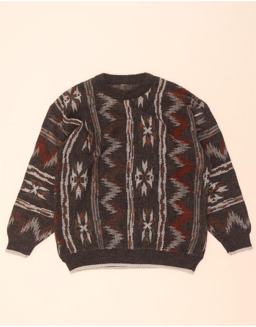 Vintage herre rund hals sweater mellemgrå geometrisk