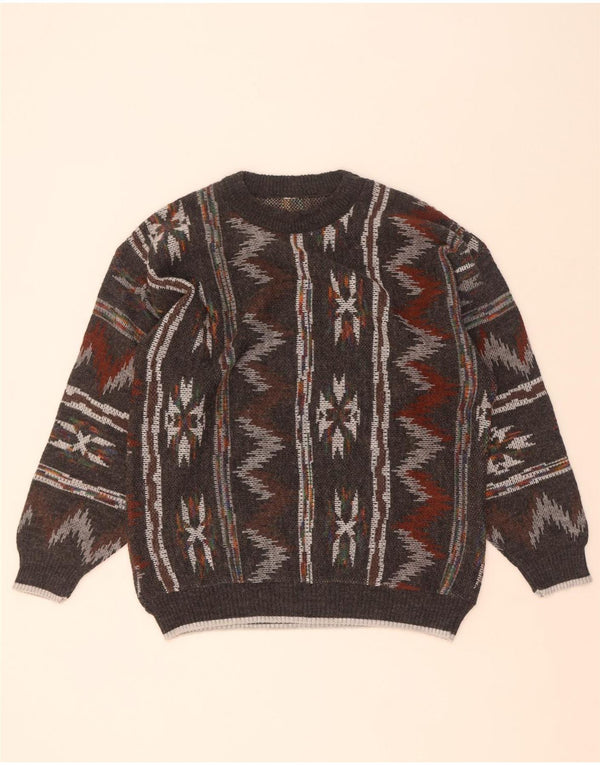 Vintage herre rund hals sweater mellemgrå geometrisk
