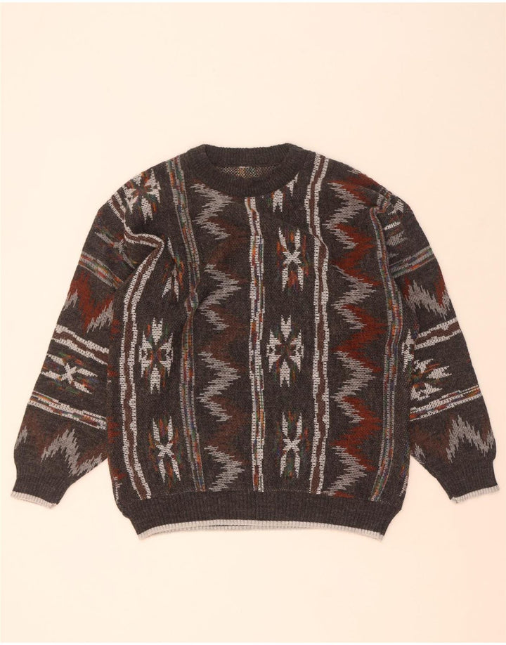 Vintage herre rund hals sweater mellemgrå geometrisk