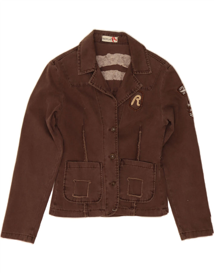 REPLAY Womens 3 Button Graphic Blazer Jacket UK 12 Medium Brown Cotton Vintage Replay and Second-Hand Replay from Messina Hembry 