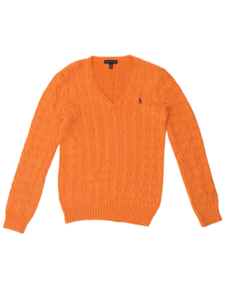 RALPH LAUREN Dame V-hals sweater UK 14 Stor Orange Bomuld