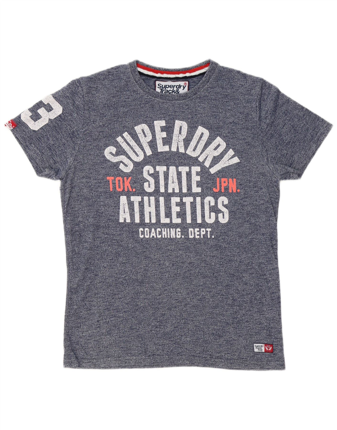 SUPERDRY Herre Track & Field Grafisk T-Shirt Top Stor blå Flecked Bomuld