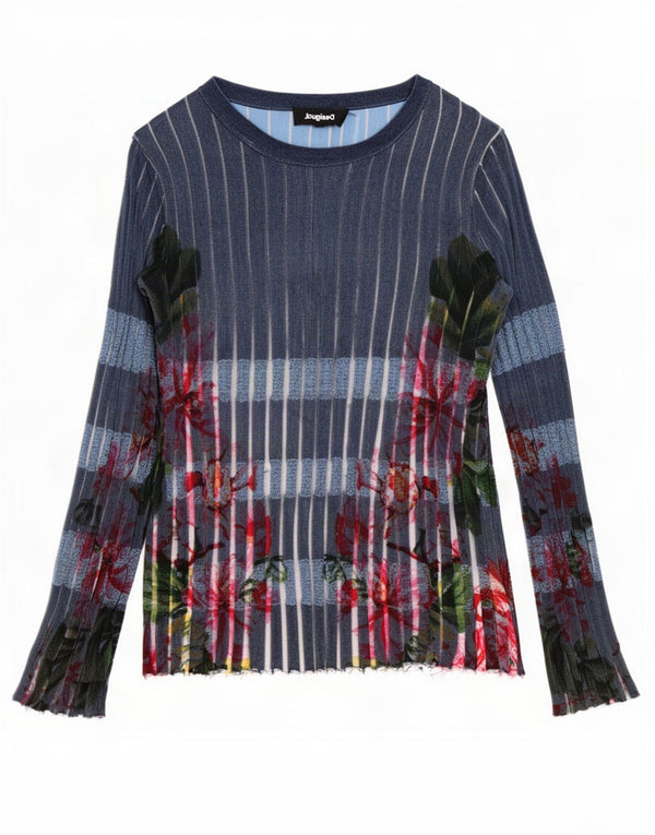 Desigual Womens Top Long Sleeve UK 14 Large Blue Floral Viscose