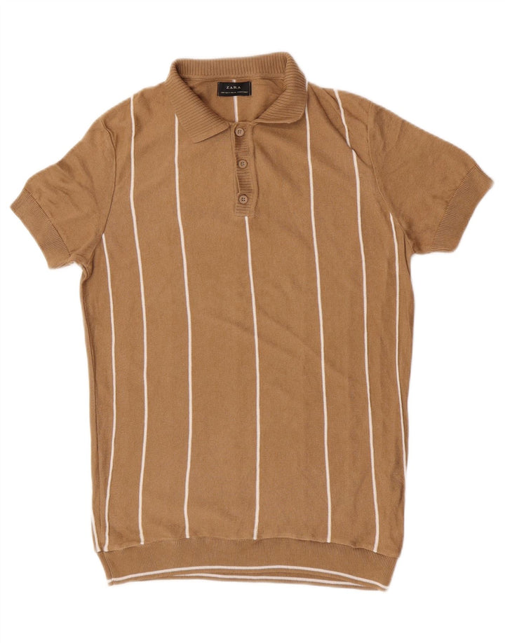 Zara Herre kortærmet polo-hals sweater mellem brun stribet