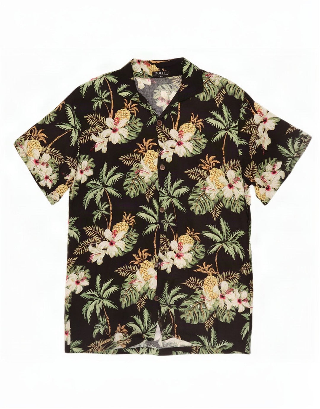 Vintage Kortærmet Herreskjorte Medium Sort Floral Viscose Hawaiian