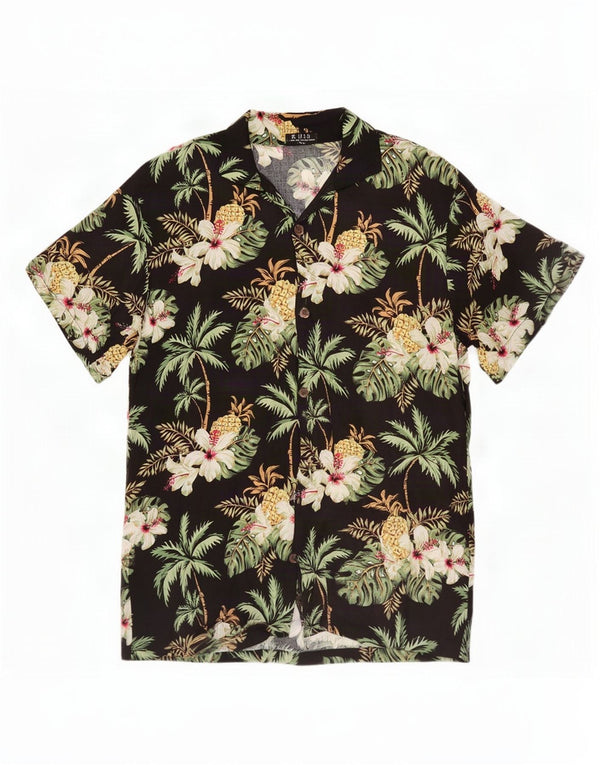 Vintage Kortærmet Herreskjorte Medium Sort Floral Viscose Hawaiian