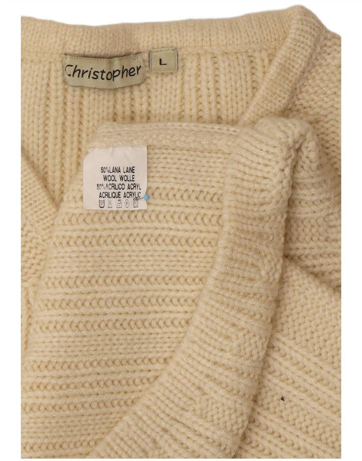 VINTAGE Herre V-hals sweater Large Off White Uld