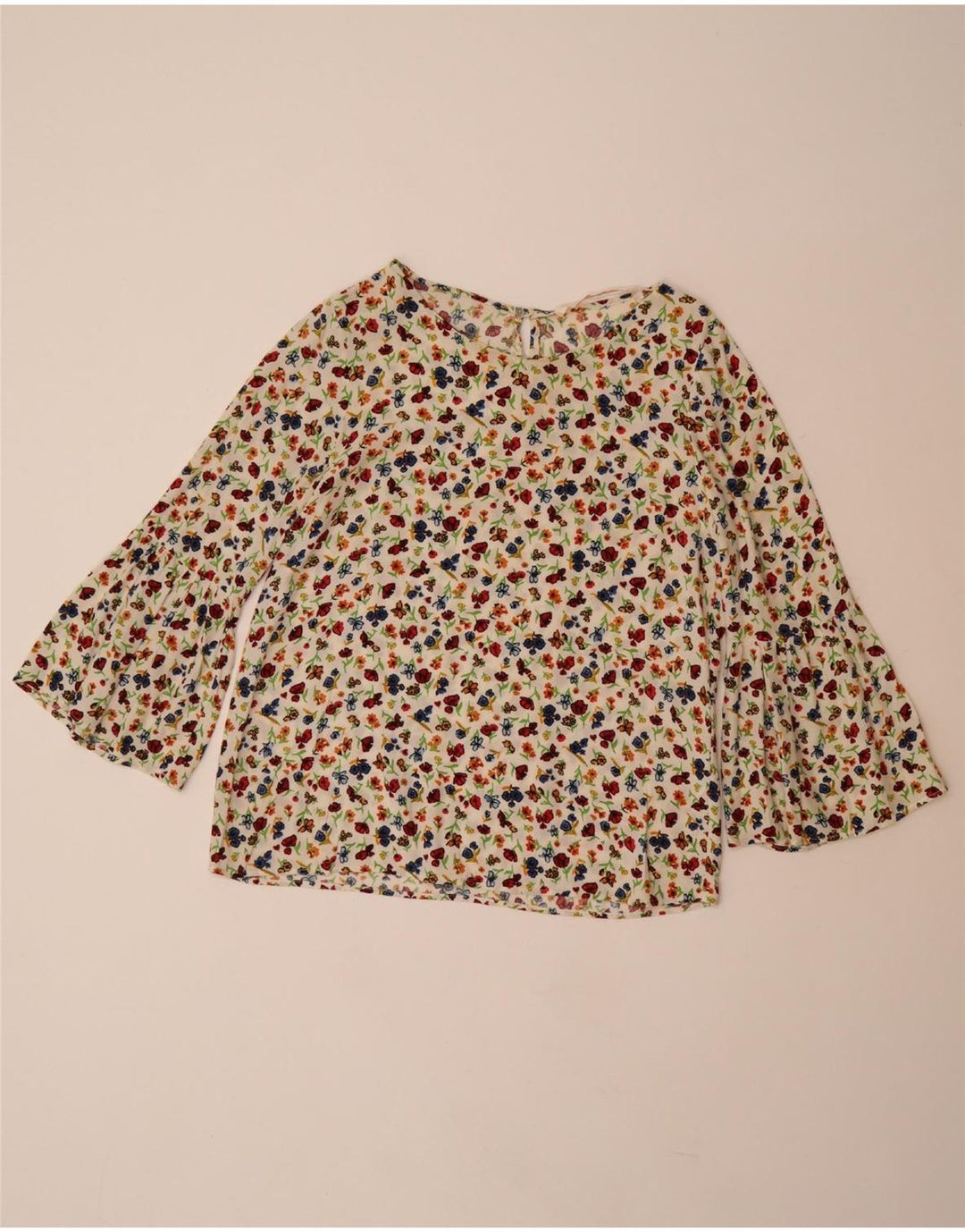 ZARA Dame 3/4-ærmet bluse Top UK 10 Small Off White Floral Viscose