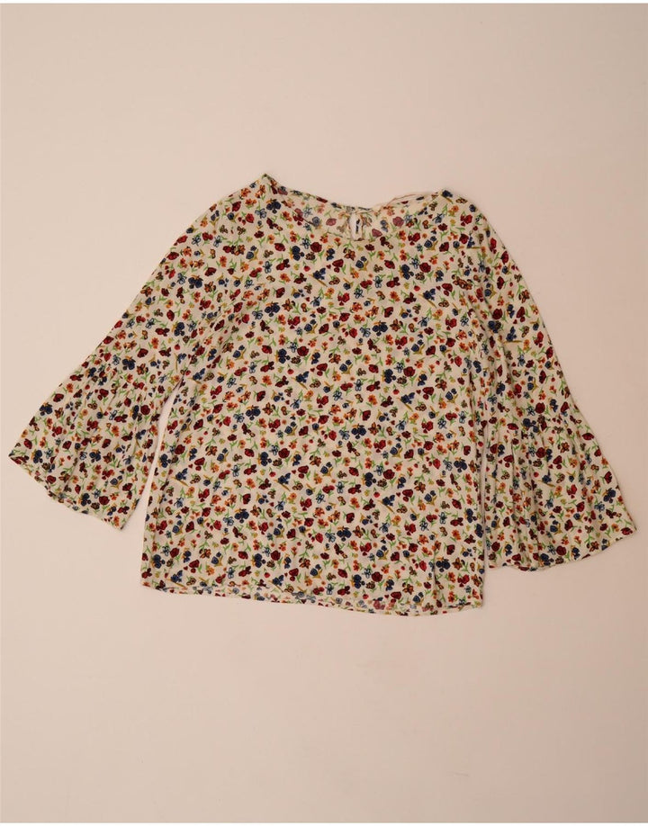 ZARA Dame 3/4-ærmet bluse Top UK 10 Small Off White Floral Viscose