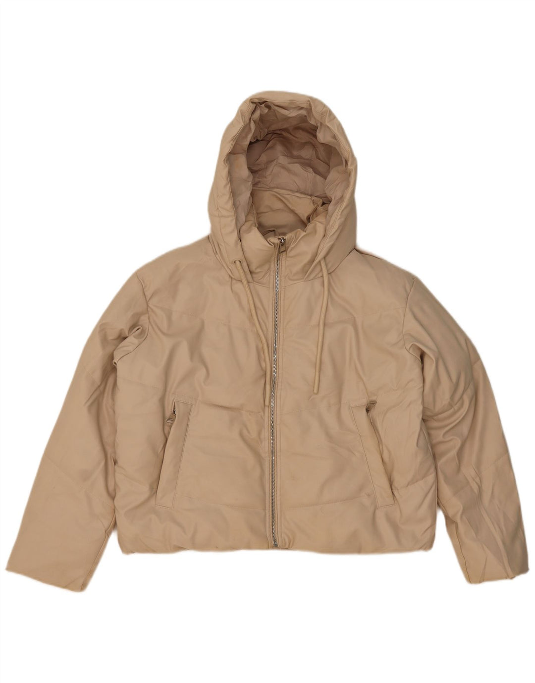Zara Dame Hætte Oversized Polstret Jakke UK 6 XS Beige Polyester