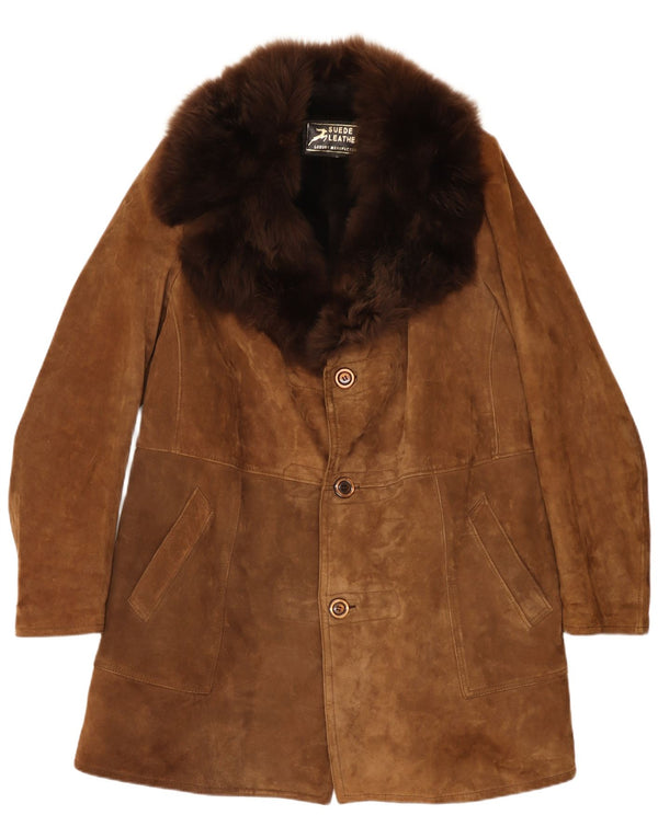 Vintage Mens Shearling Overcoat UK 38 Medium Beige Leather