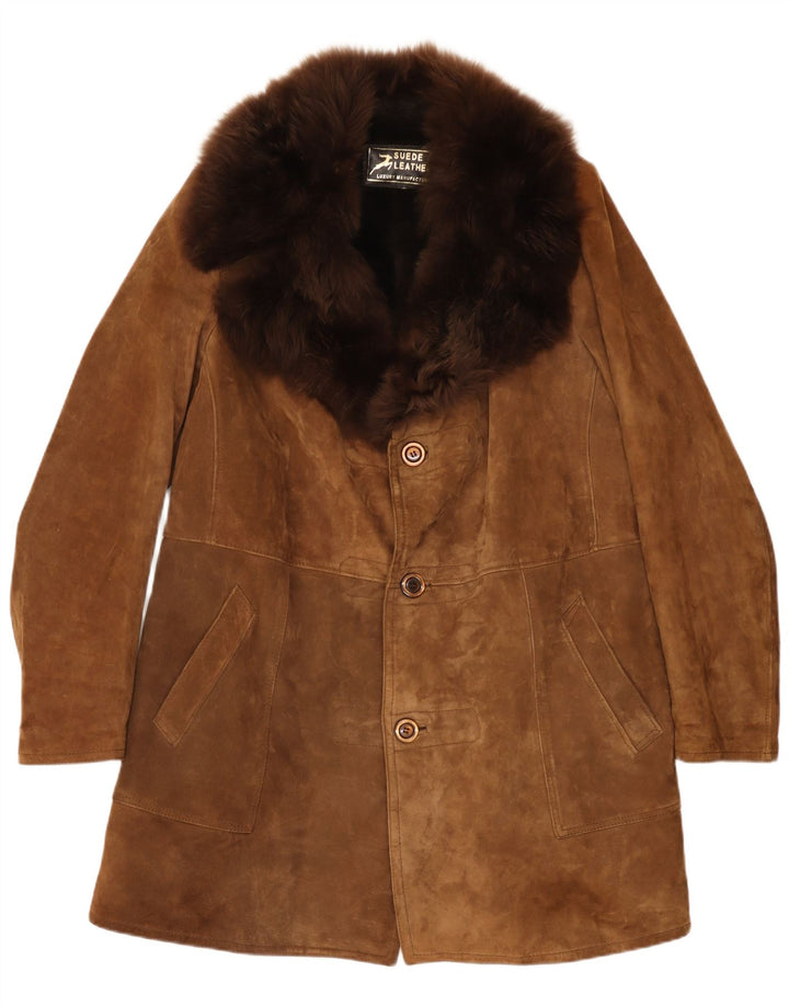 Vintage Herre Shearling Overfrakke UK 38 Medium Beige Læder