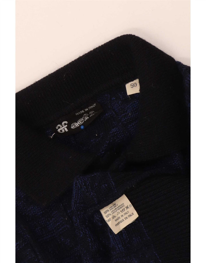 Aeffe Herre Polo Neck Jumper Sweater IT 50 Medium Marineblå Geometrisk Uld