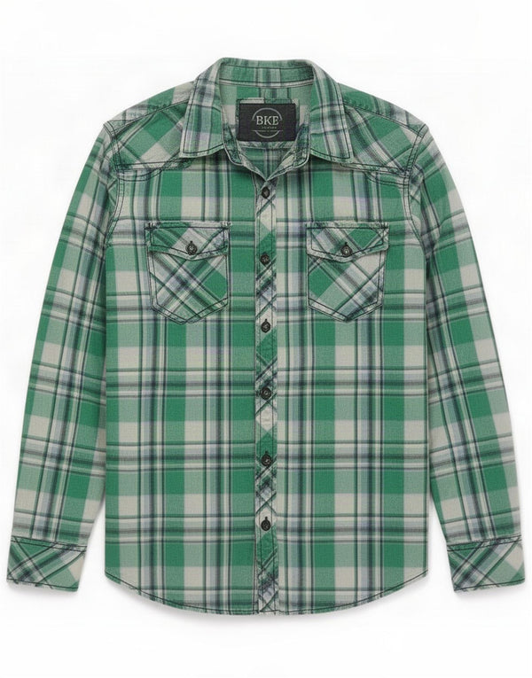 BKE Mens Slim Fit Shirt Large Green Plaid Cotton