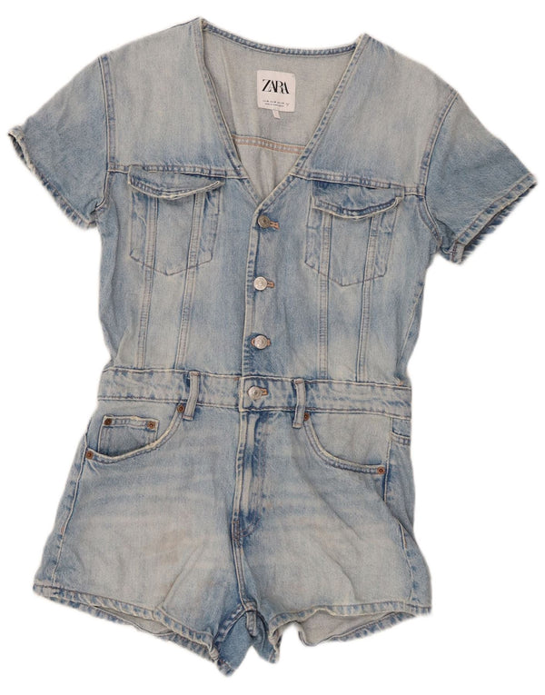 Zara Womens Denim Playsuit UK 12 Medium Blue Cotton