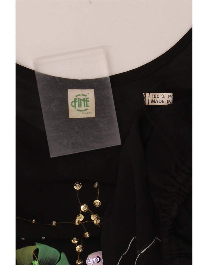 VINTAGE Womens Crop Batwing Bluse Top UK 18 XL Black Floral Polyester