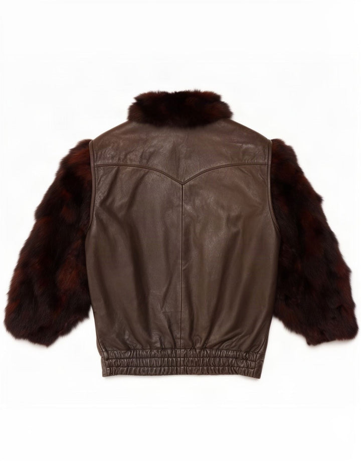 Ruffo Dame imiteret Fur Oversized Læderjakke UK 18 XL Brun