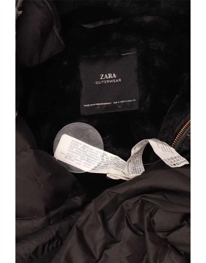 Zara Dame Hætte Sherpa Polstret Jakke UK 10 Lille Sort Polyester