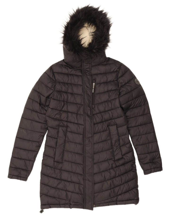 Superdry Polstret frakke med hætte til kvinder UK 14 Medium Black Nylon
