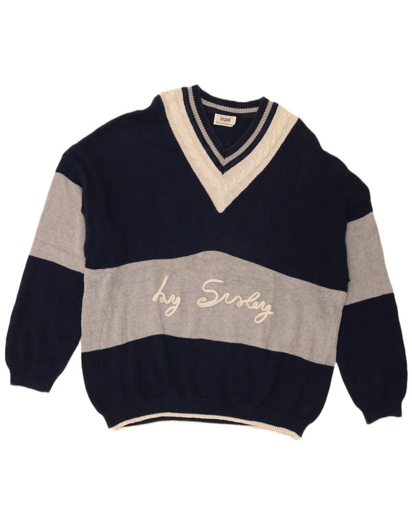 Sisley Mens Graphic V-Neck Jumper Sweater XL Navy Blue Colourblock Cotton