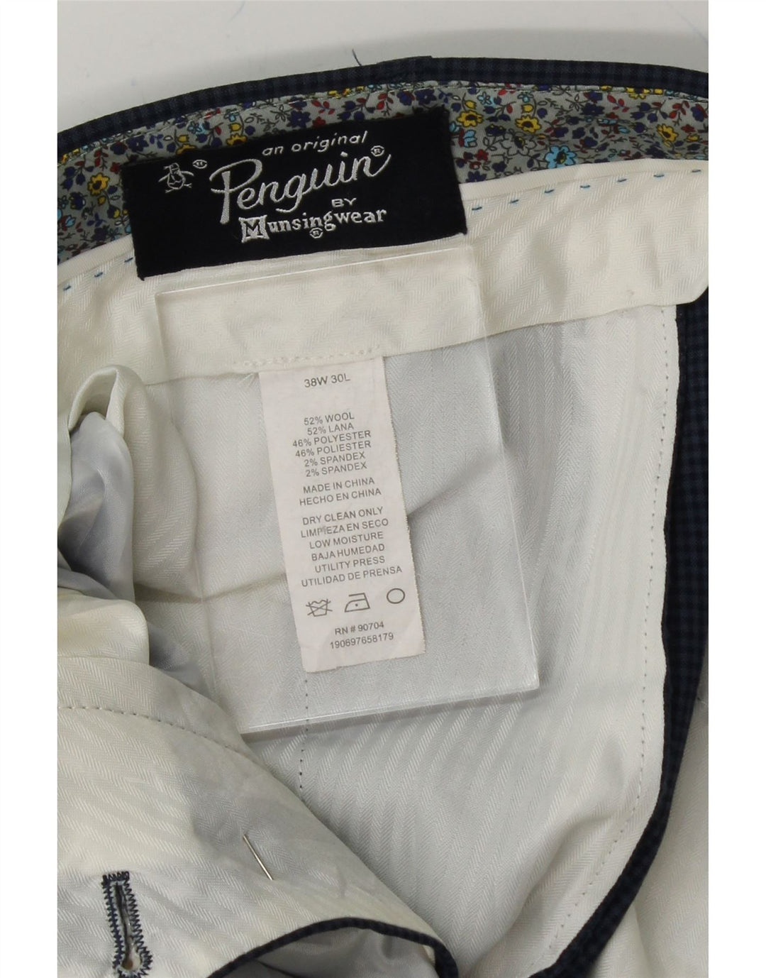 PENGUIN Mens Slim Suit Trousers W38 L30 Navy Blue Gingham Wool Vintage Penguin and Second-Hand Penguin from Messina Hembry 