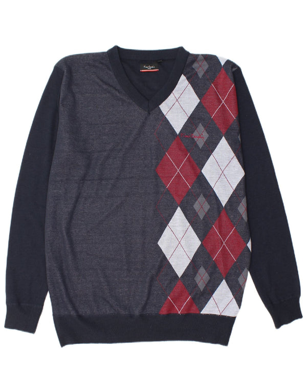 Pierre Cardin Herre V-hals trøje Sweater Large Navy Blue Argyle/Diamond
