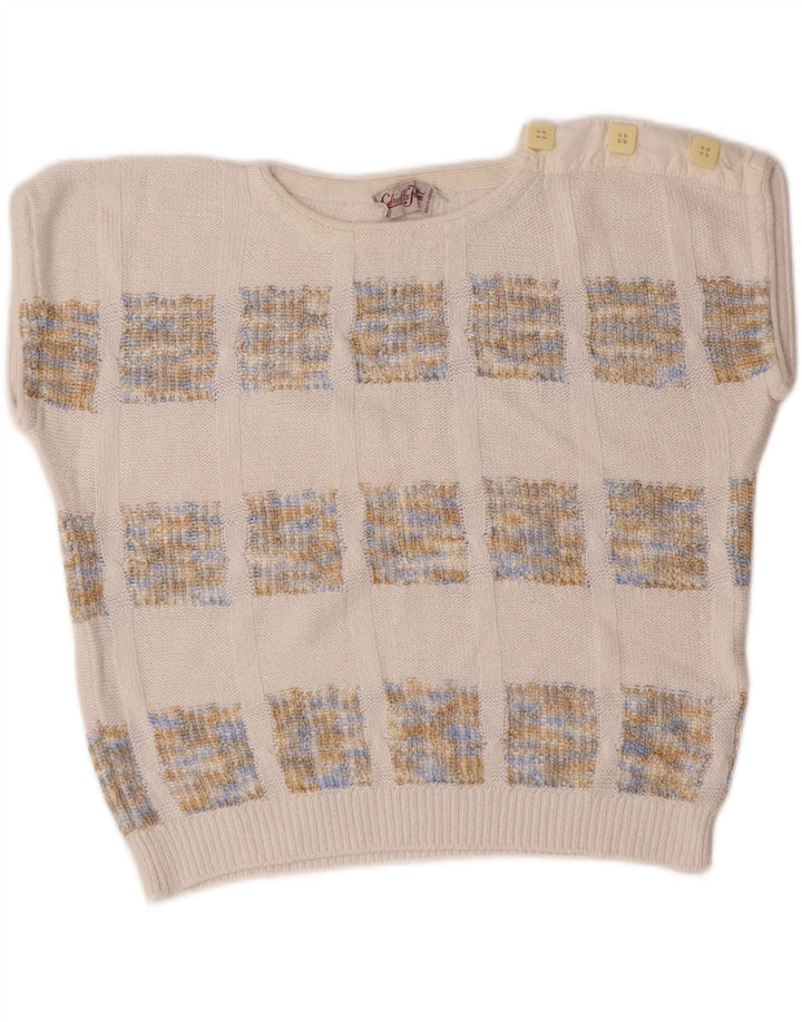 VINTAGE Womens Crop Crew Neck Jumper Sweater UK 14 Medium White Geometric Vintage Vintage and Second-Hand Vintage from Messina Hembry 