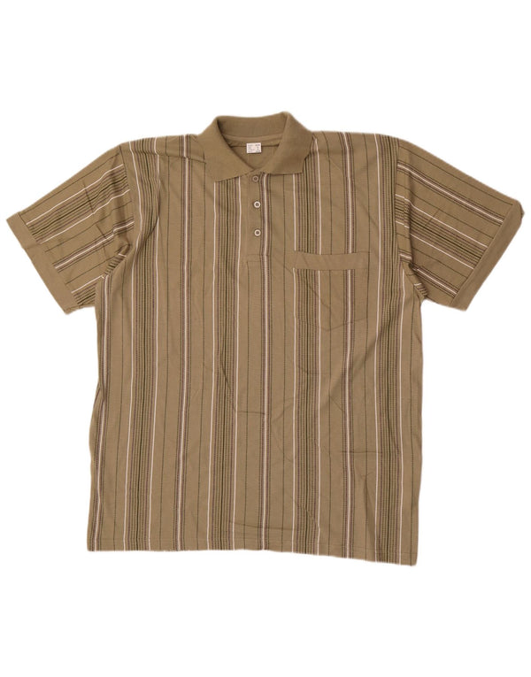 Vintage poloshirt til mænd, medium Khaki stribet bomuld