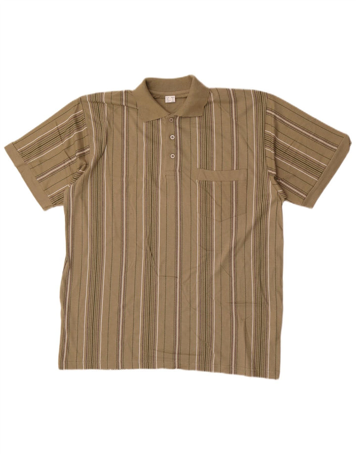 Vintage poloshirt til mænd, medium Khaki stribet bomuld