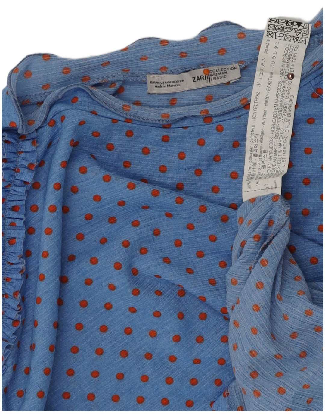 ZARA Damebluse Top UK 14 Medium Blue Spotted Polyester