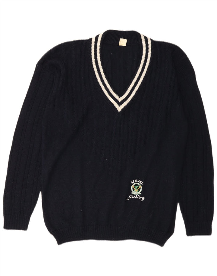 Vintage herre V-hals sweater stor marineblå akryl