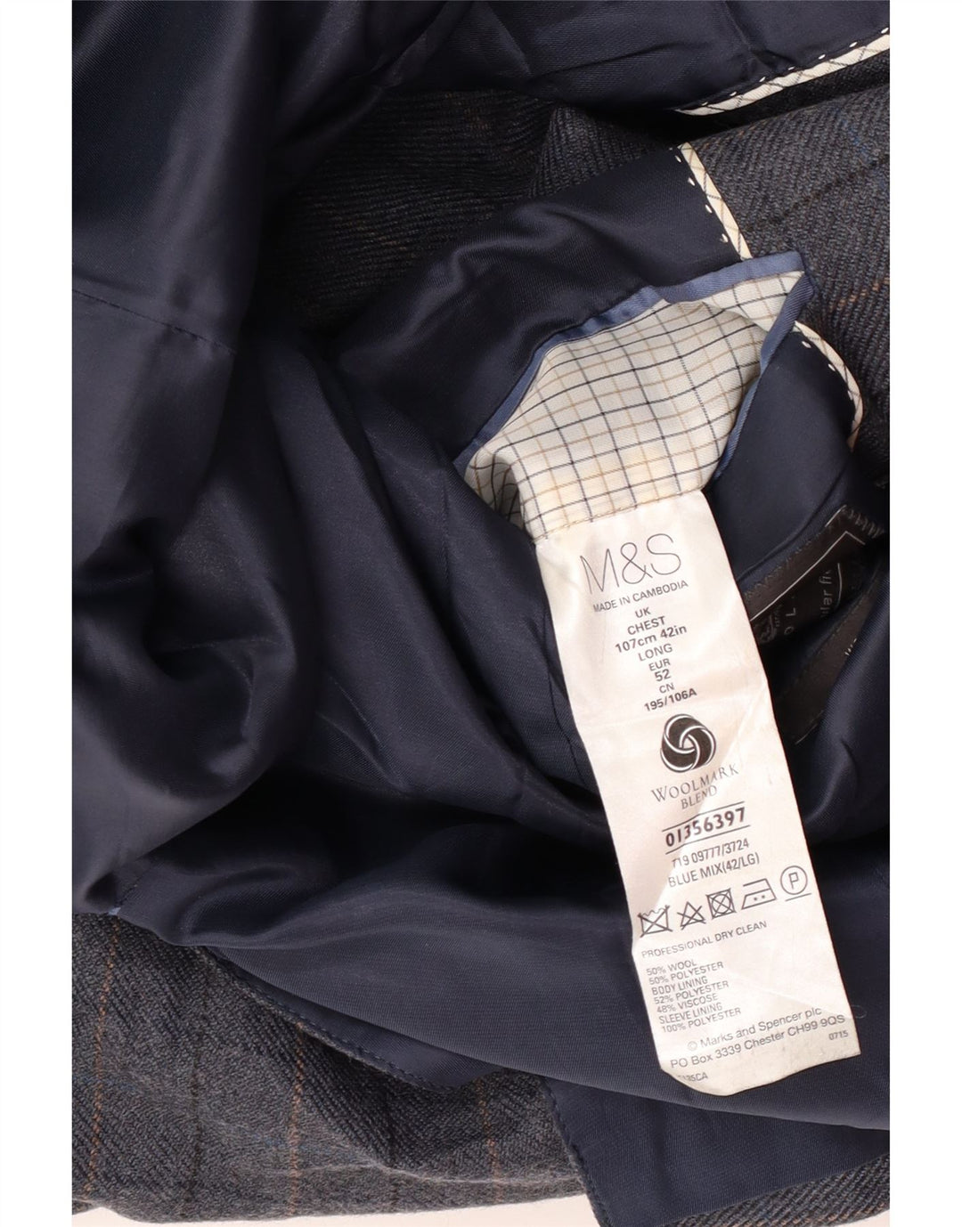 Marks & Spencer Herre 2-knaps blazerjakke UK 42 XL blå ternet uld